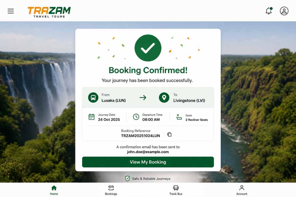 A confirmed booking on the TraZam travel app
