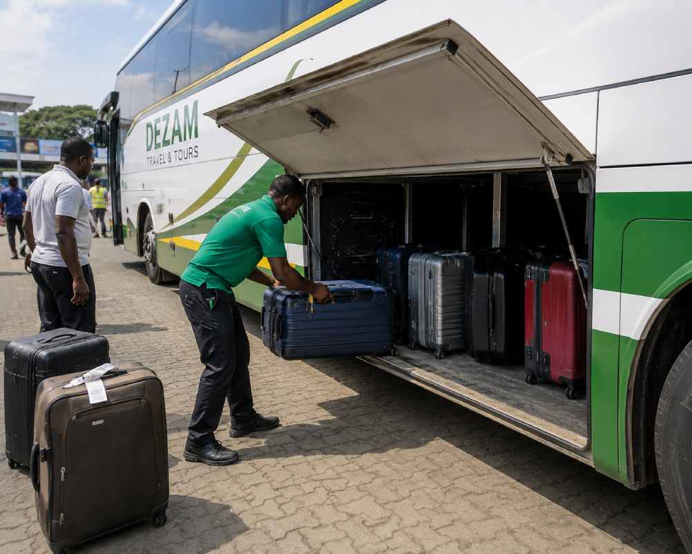 Luggage being loaded before departure on a Zambian bus