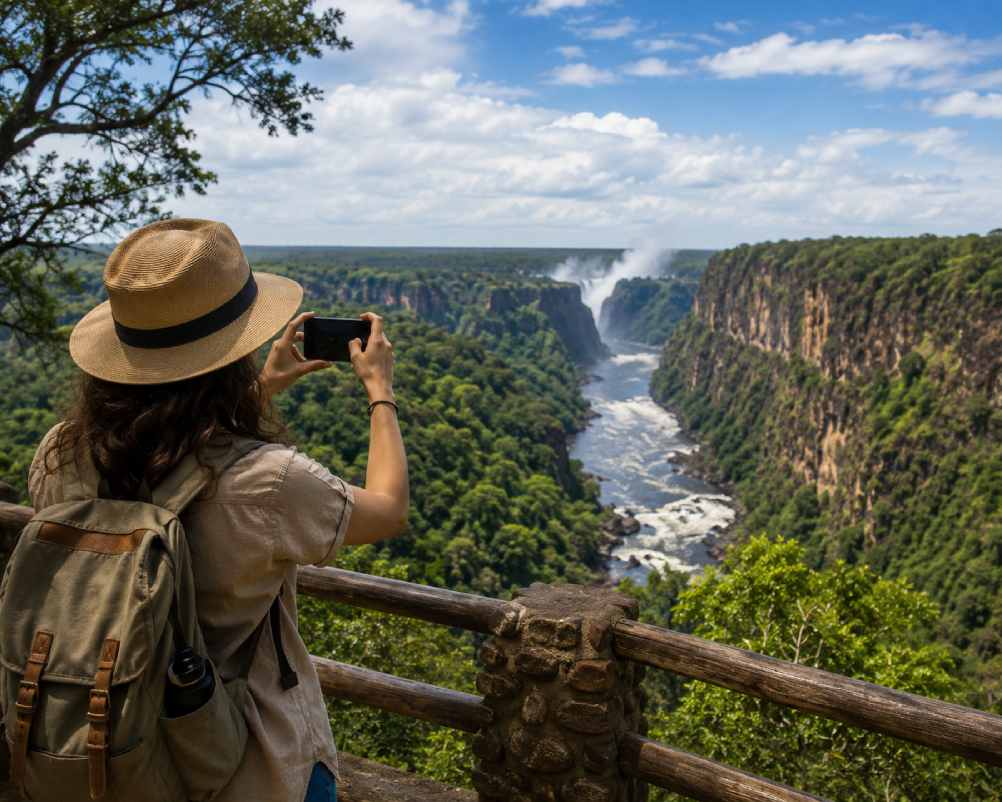 A traveller exploring a Zambian destination reached by bus