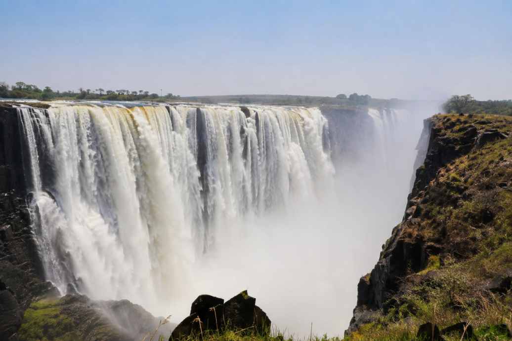 Wide shot of Victoria Falls with spray