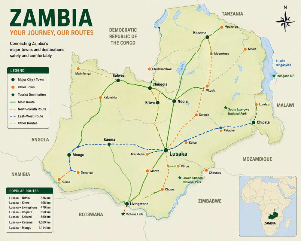 Illustration of major bus routes connecting towns in Zambia