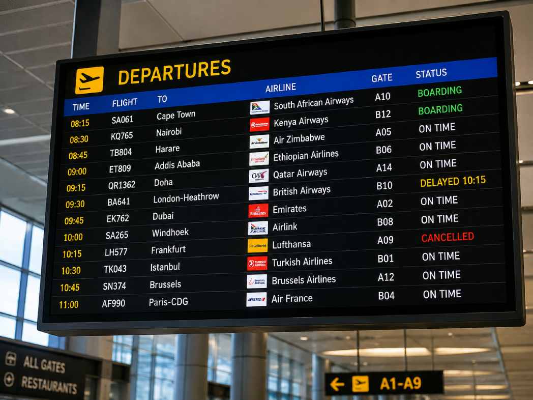 Departures board showing a Lusaka to Dubai flight