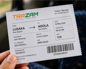 A Zambian intercity bus ticket ready for travel
