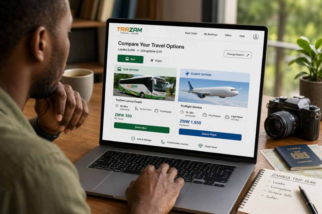 Comparing bus and flight options side by side on TraZam