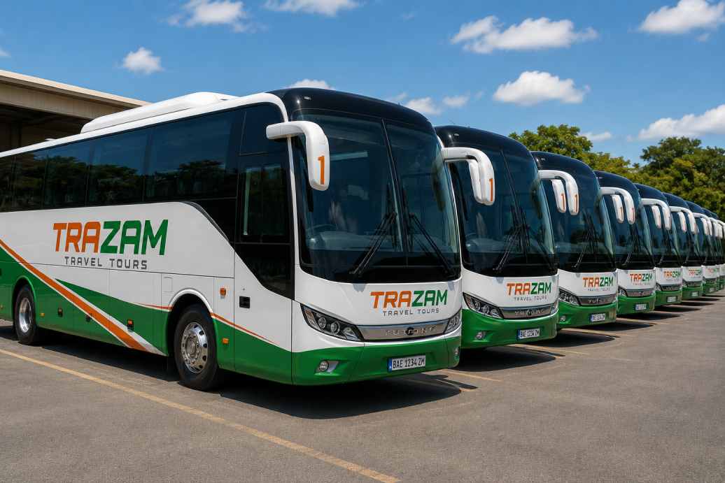 A fleet of intercity buses operated by different Zambian companies