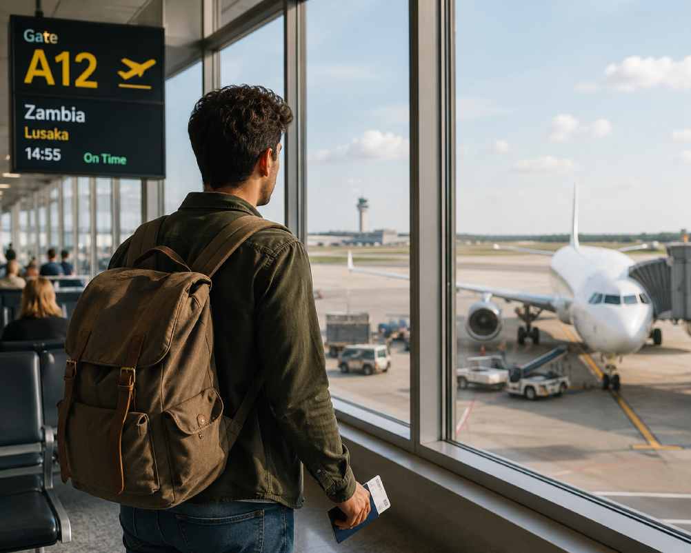 Budget traveller waiting at the gate for a flight to Zambia