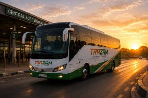An early morning departure from a Zambian bus terminal