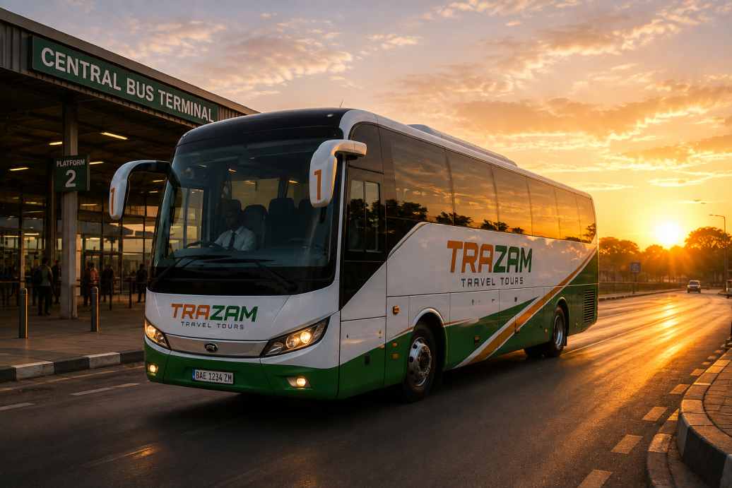 An early morning departure from a Zambian bus terminal