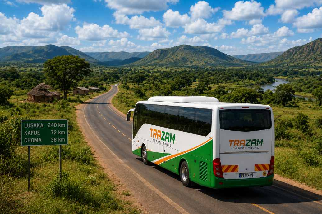 Bus route passing through the Zambian countryside