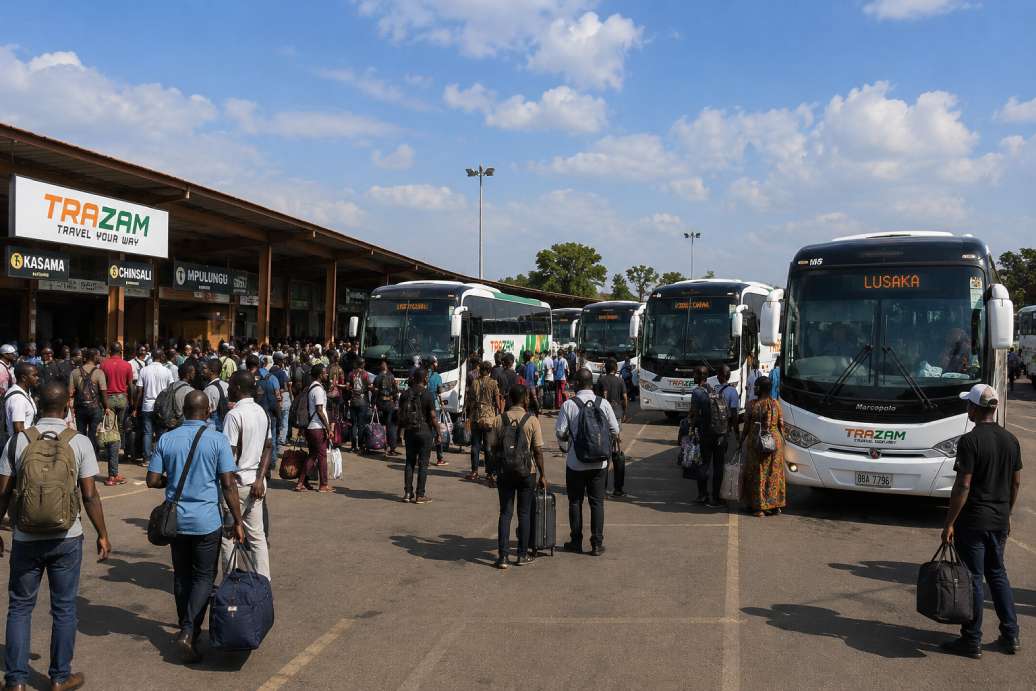Lusaka Intercity Bus Terminal with coaches preparing to depart